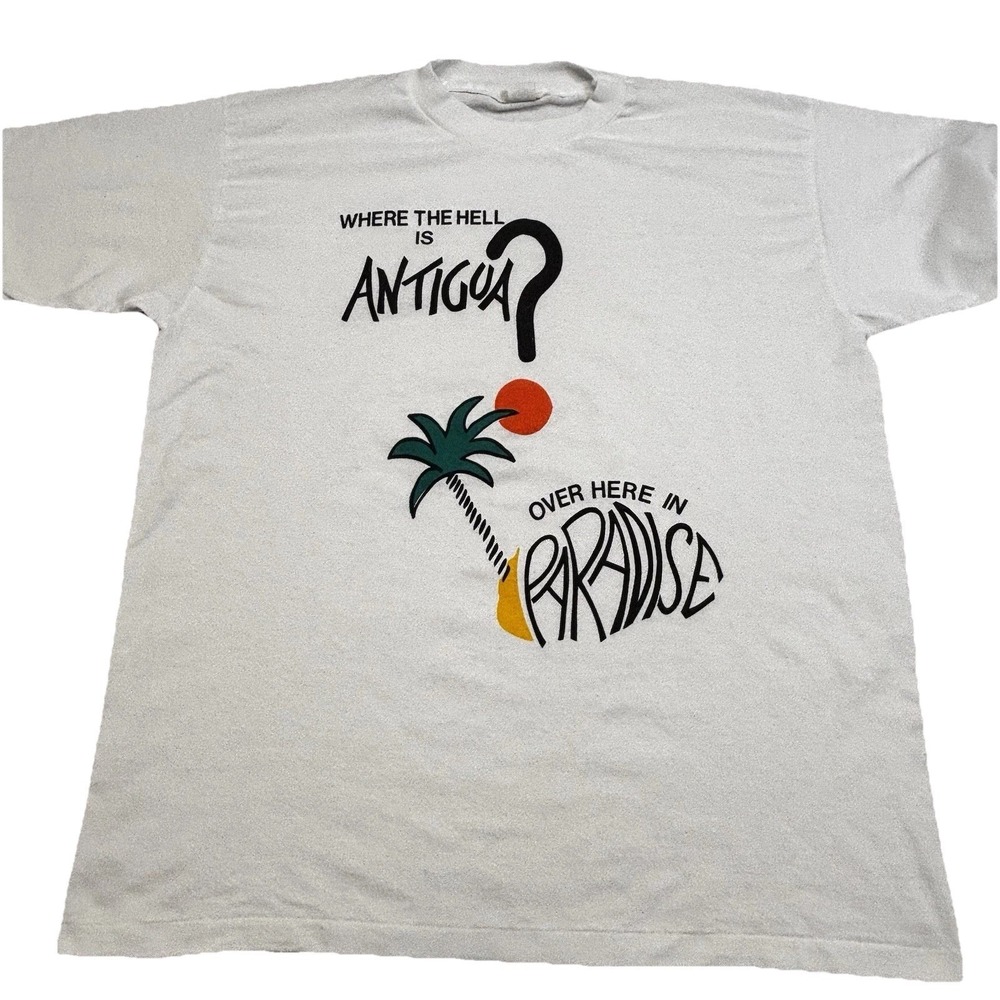 Vintage 90s Antigua Paradise T Shirt Single Stitch White Sz XL Destination Vtg